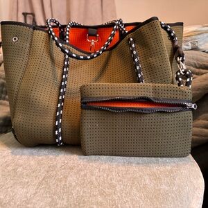 Olive Green Neoprene Tote Bag with Pouch